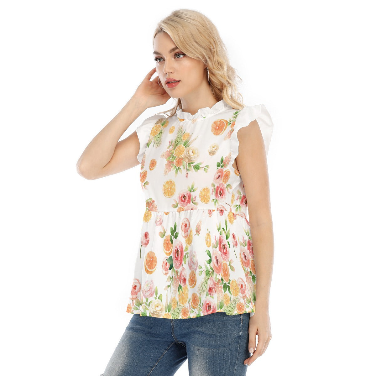 All-Over Print Women's Blouse With Lotus Leaf Lace