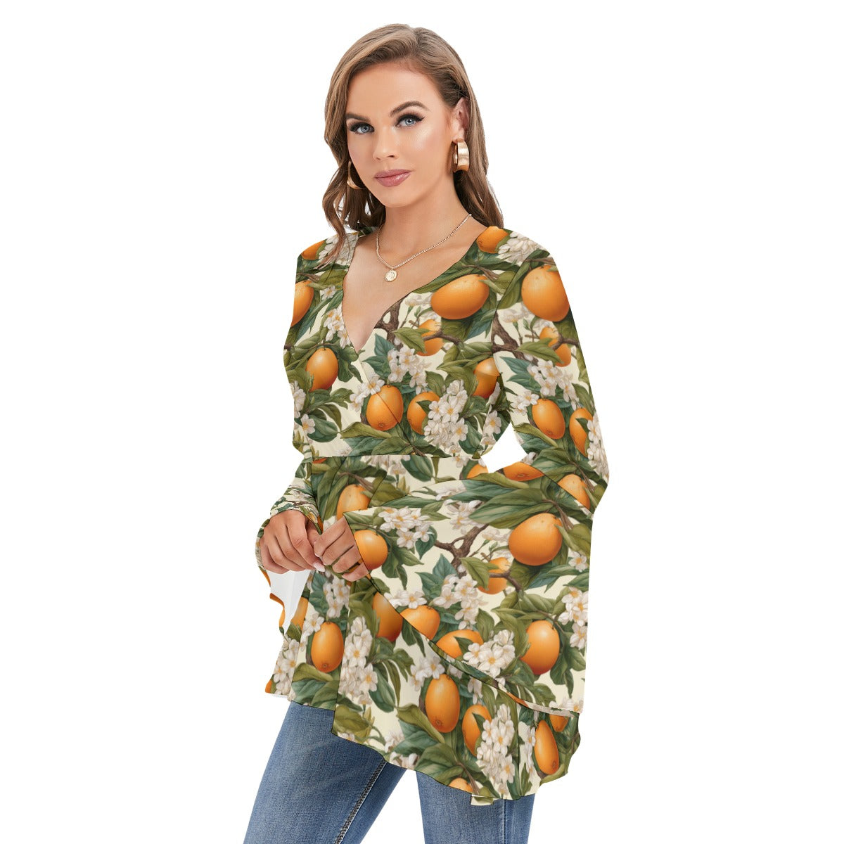 Botanical Oranges Women's V-neck Blouse With Flared Sleeves