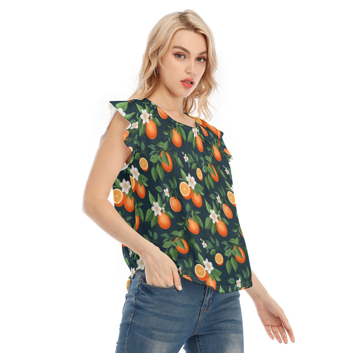 Navy Oranges Women's O-neck T-shirt With Ruffle Sleeves