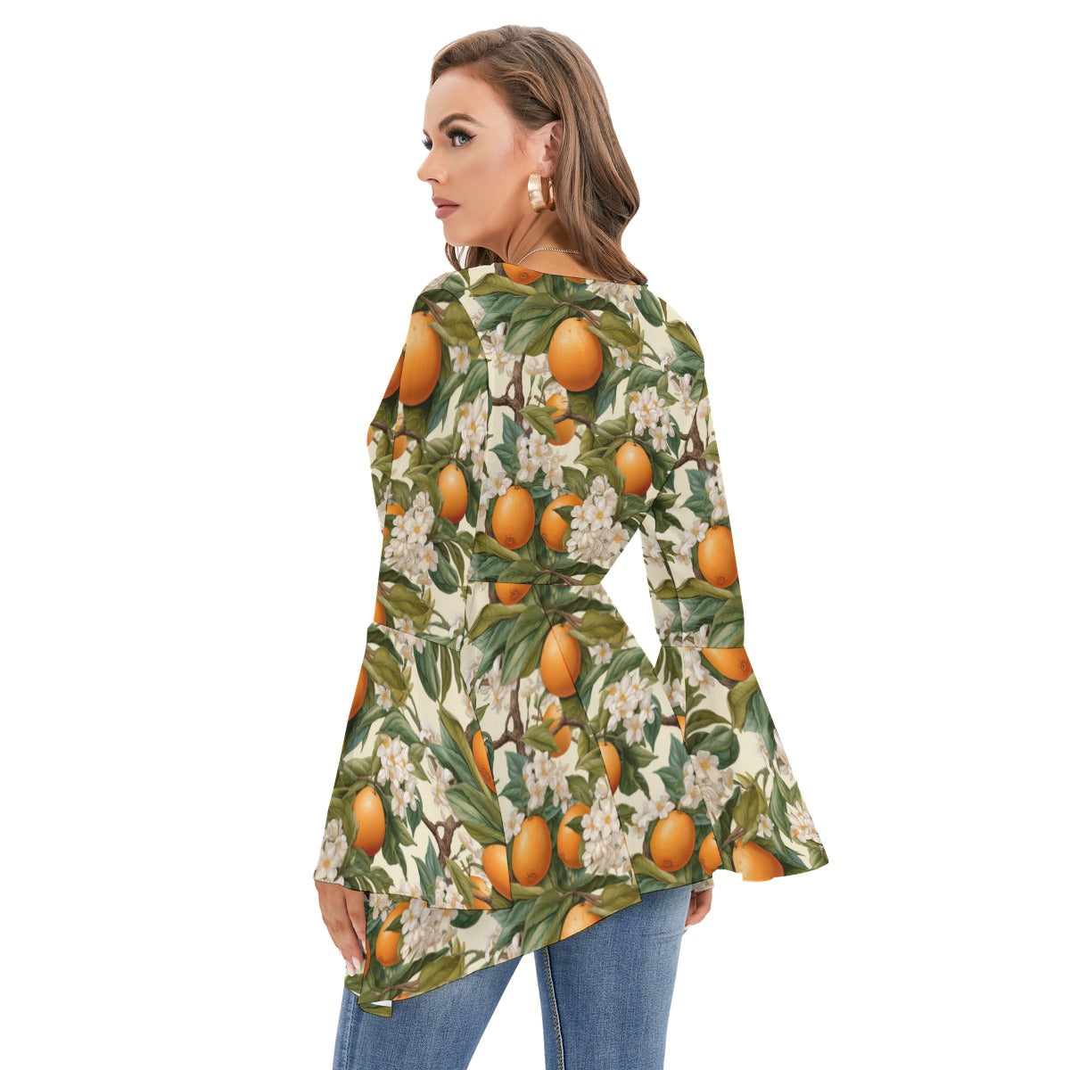 Botanical Oranges Women's V-neck Blouse With Flared Sleeves