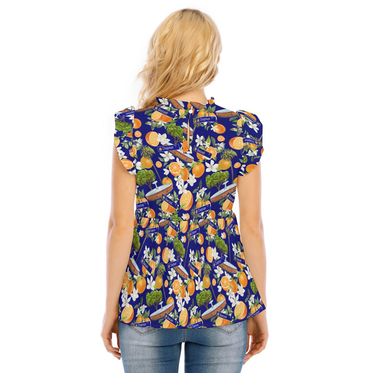 Old Towne Hawaiian All-Over Print Women's Blouse With Lotus Leaf Lace