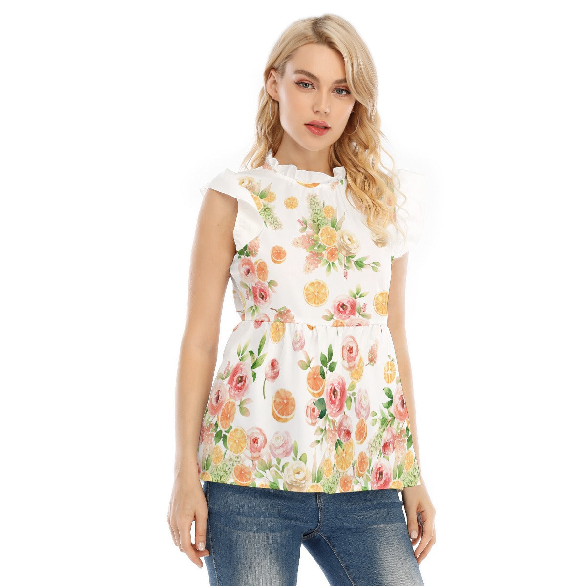 All-Over Print Women's Blouse With Lotus Leaf Lace
