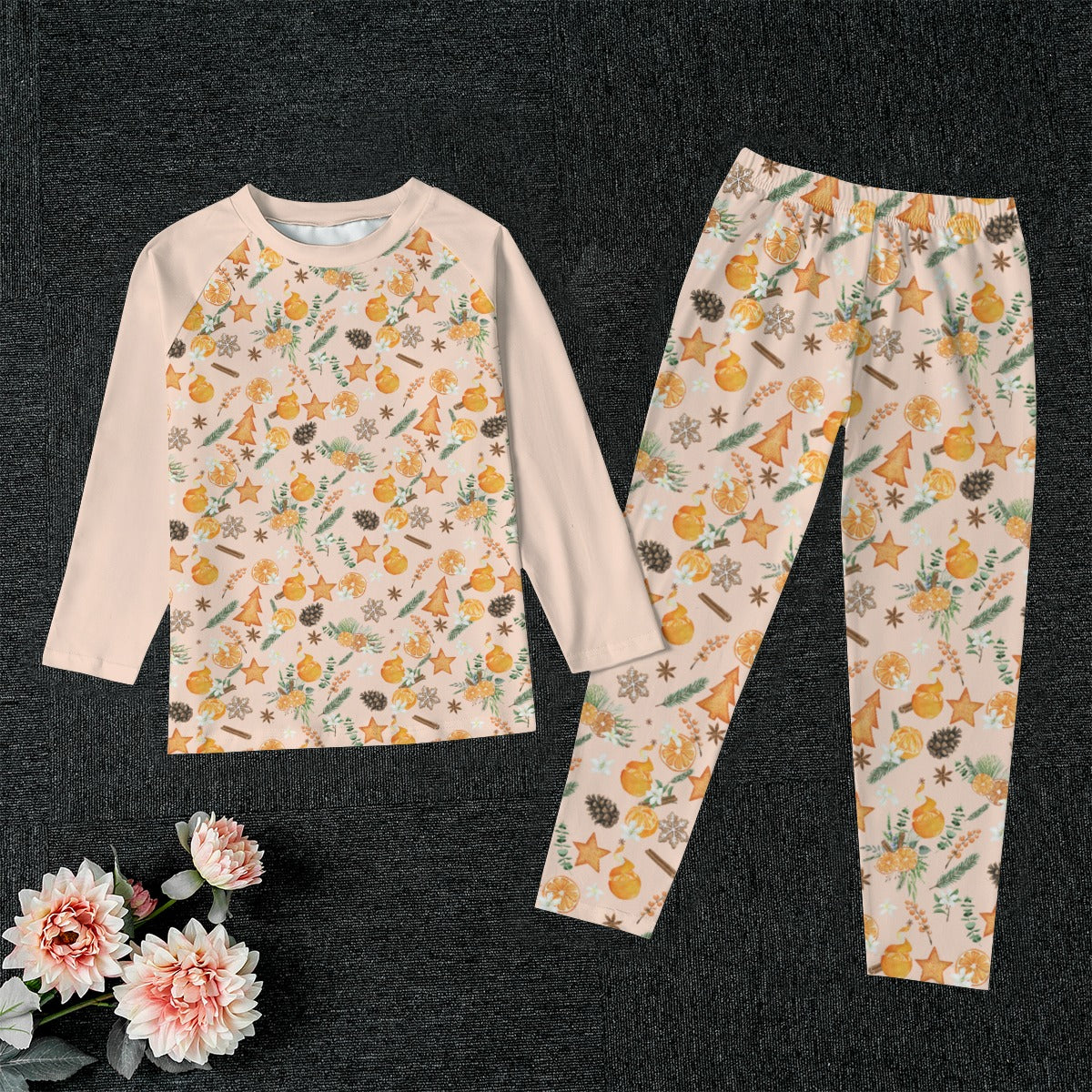 Christmas Citrus Kid's Pajamas - Light Peach