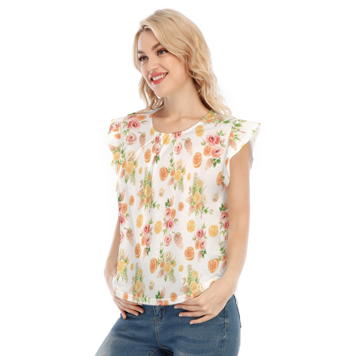 Spring Floral Orange Women's O-neck T-shirt With Ruffle Sleeves in White