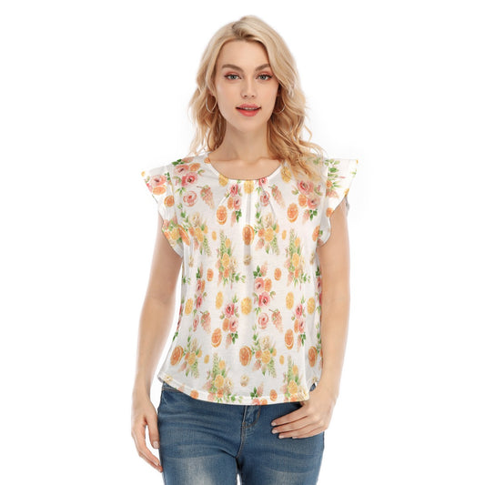 Spring Floral Orange Women's O-neck T-shirt With Ruffle Sleeves in White