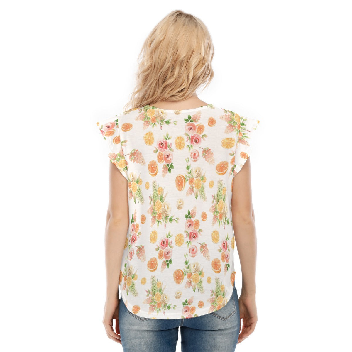 Spring Floral Orange Women's O-neck T-shirt With Ruffle Sleeves in White