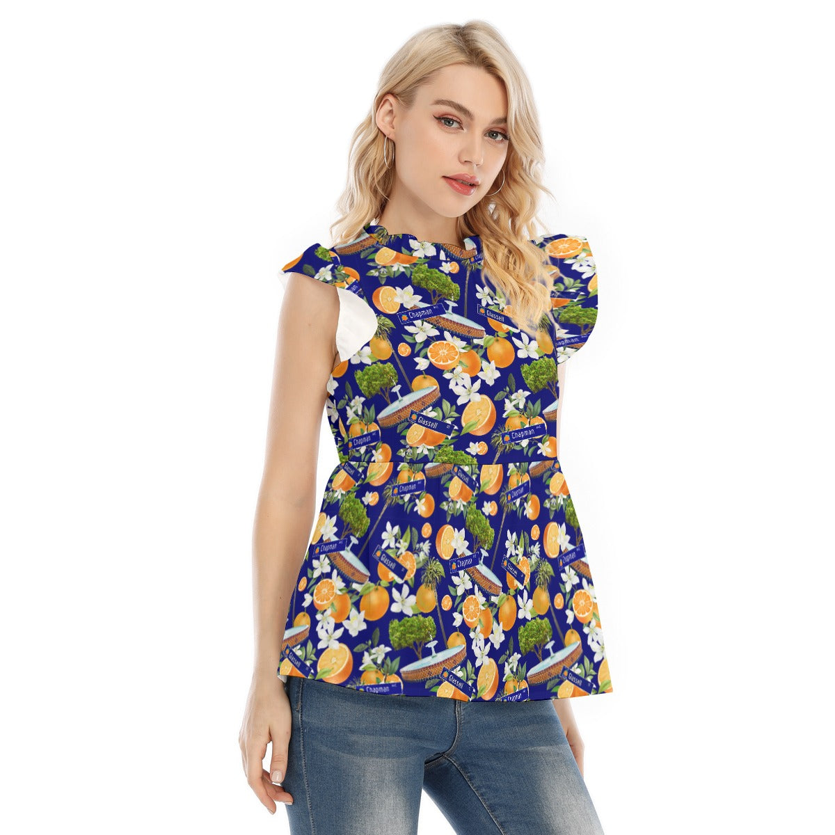 Old Towne Hawaiian All-Over Print Women's Blouse With Lotus Leaf Lace
