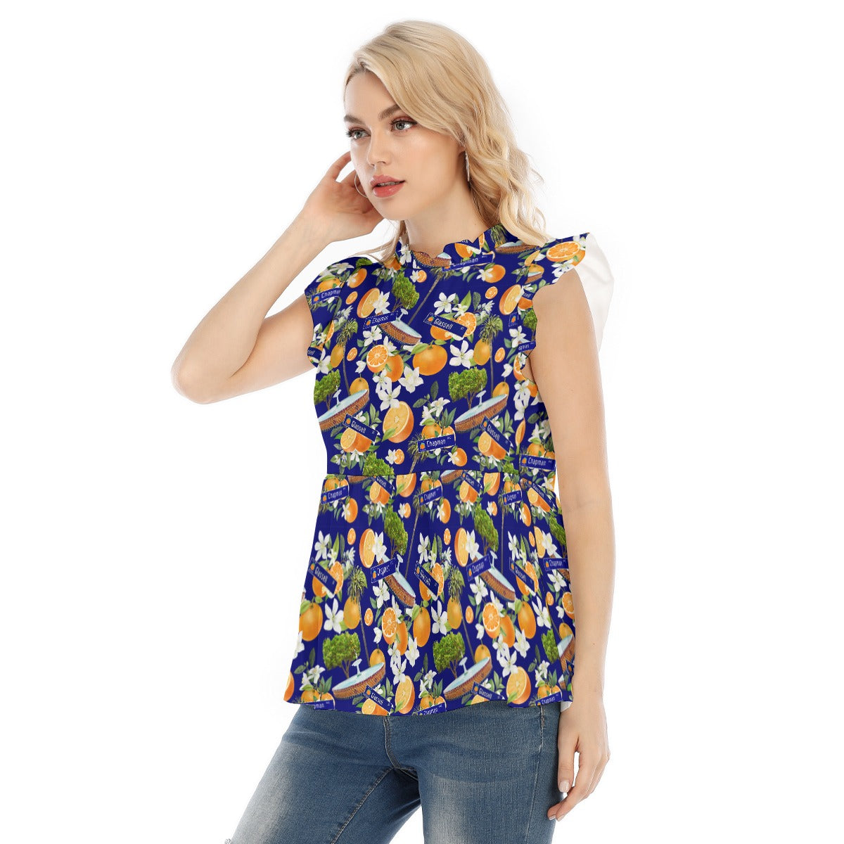 Old Towne Hawaiian All-Over Print Women's Blouse With Lotus Leaf Lace