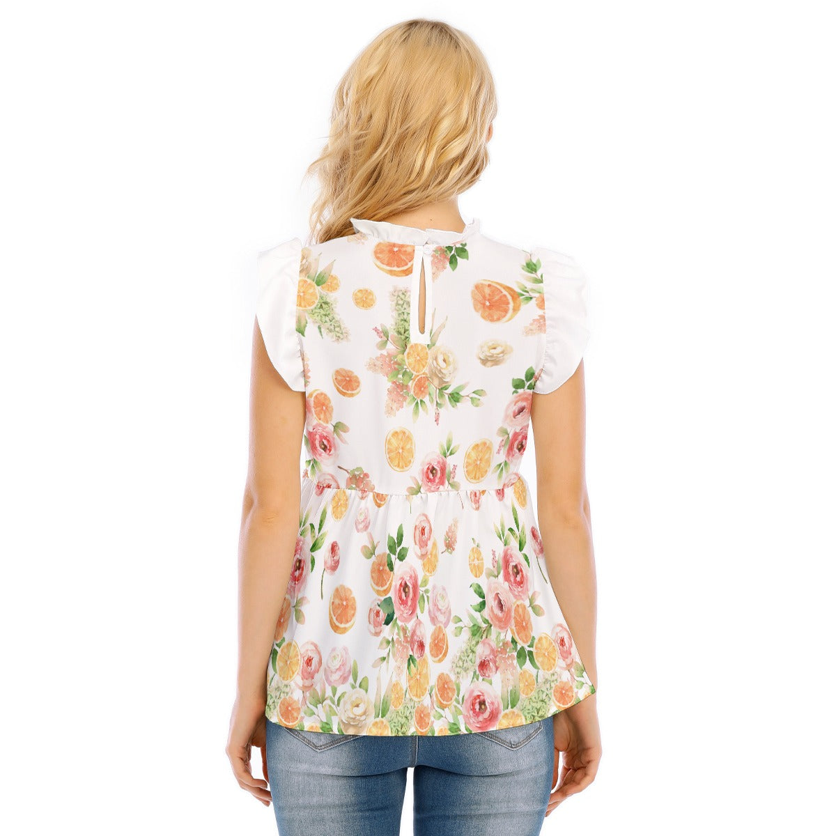 All-Over Print Women's Blouse With Lotus Leaf Lace