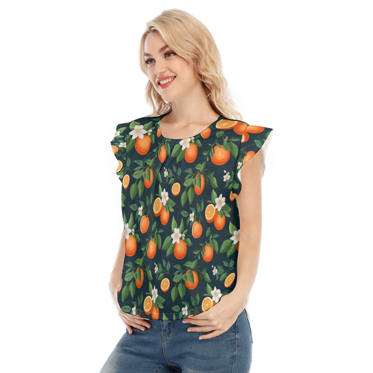 Navy Oranges Women's O-neck T-shirt With Ruffle Sleeves