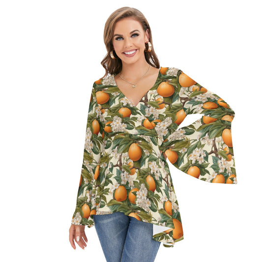 Botanical Oranges Women's V-neck Blouse With Flared Sleeves