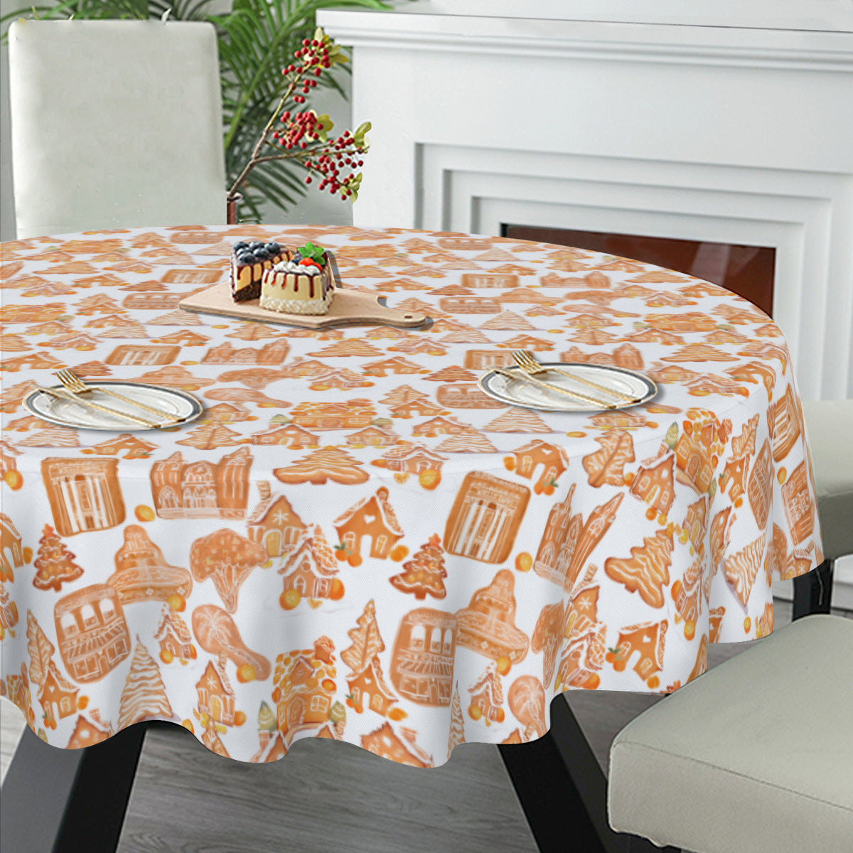 Old Towne Orange Gingerbread Village Round Tablecloth