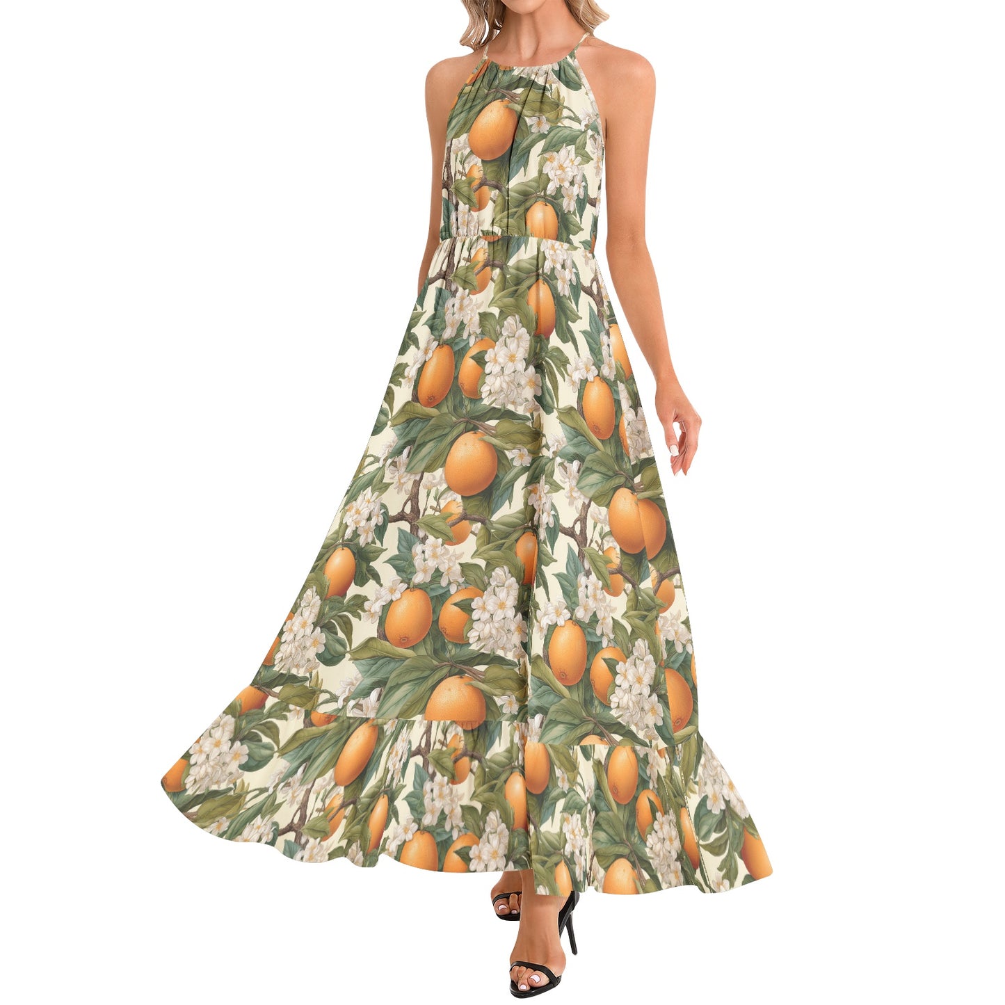 Botanical Citrus Ruffle Hem Halter Neck Maxi Dress