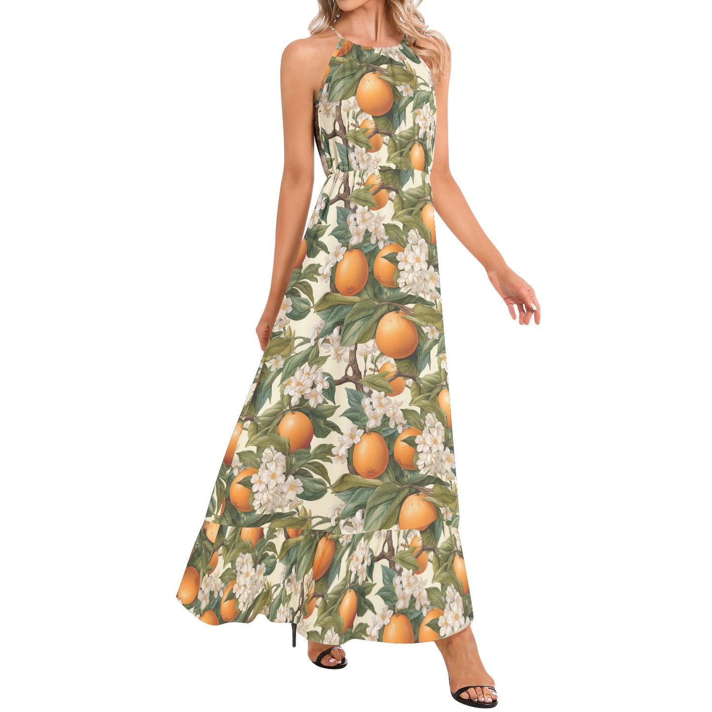 Botanical Citrus Ruffle Hem Halter Neck Maxi Dress