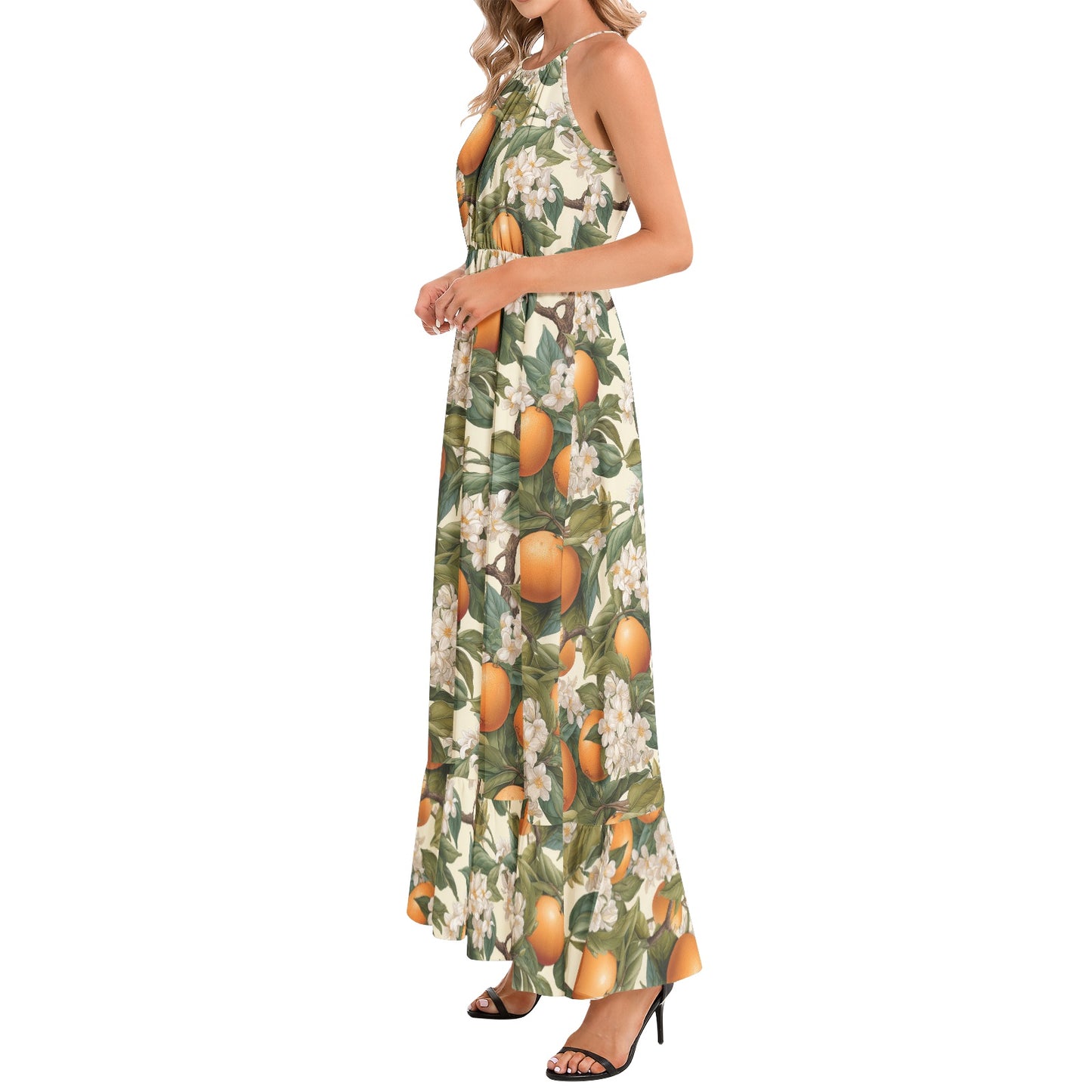 Botanical Citrus Ruffle Hem Halter Neck Maxi Dress