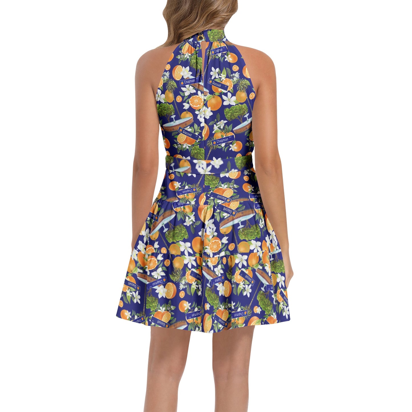 Miss Orange Navy Old Towne Orange Hawaiian Ruffle Hem Belted Halter Dress