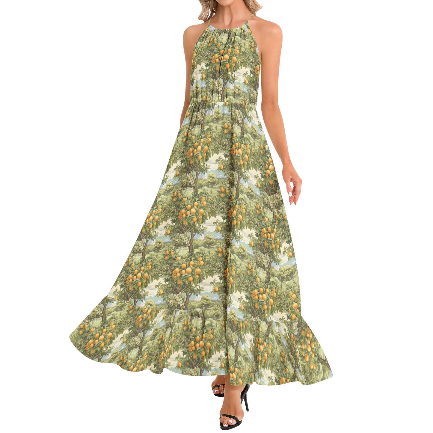 Citrus Adventure Ruffle Hem Halter Neck Maxi Dress