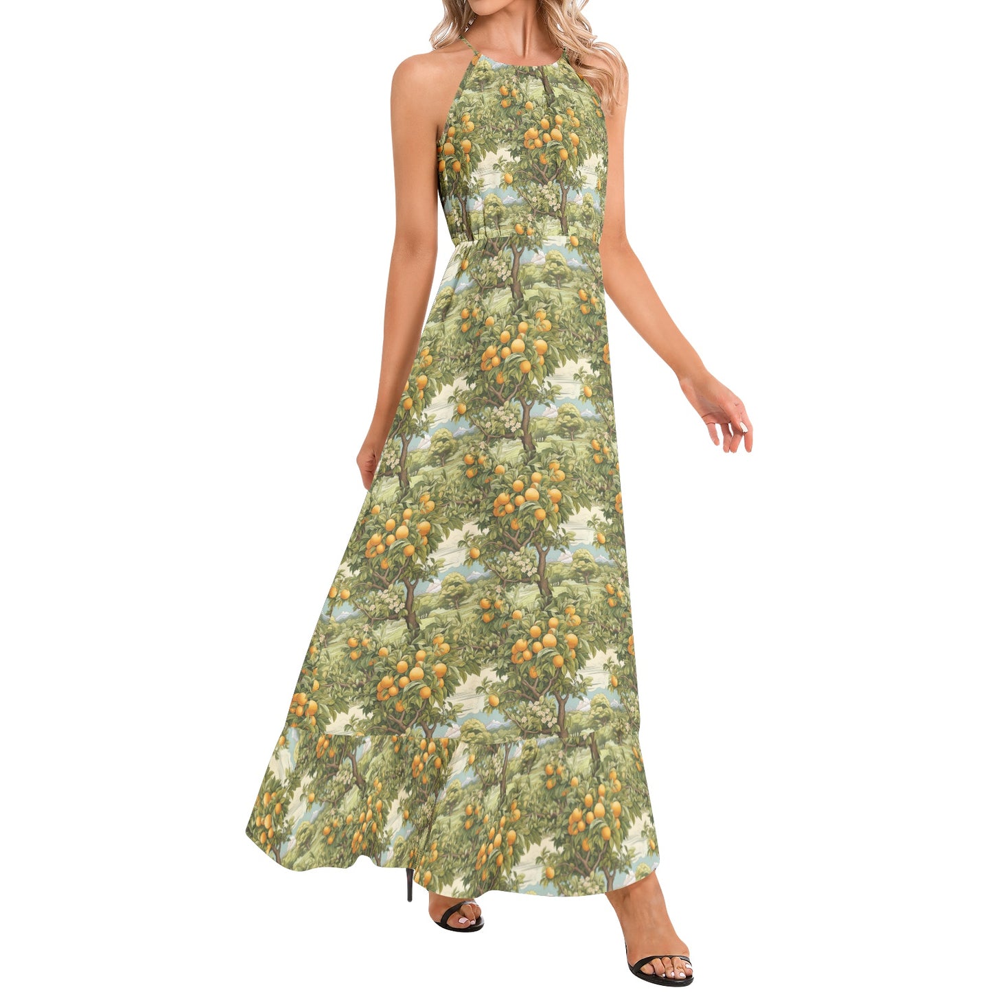 Citrus Adventure Ruffle Hem Halter Neck Maxi Dress