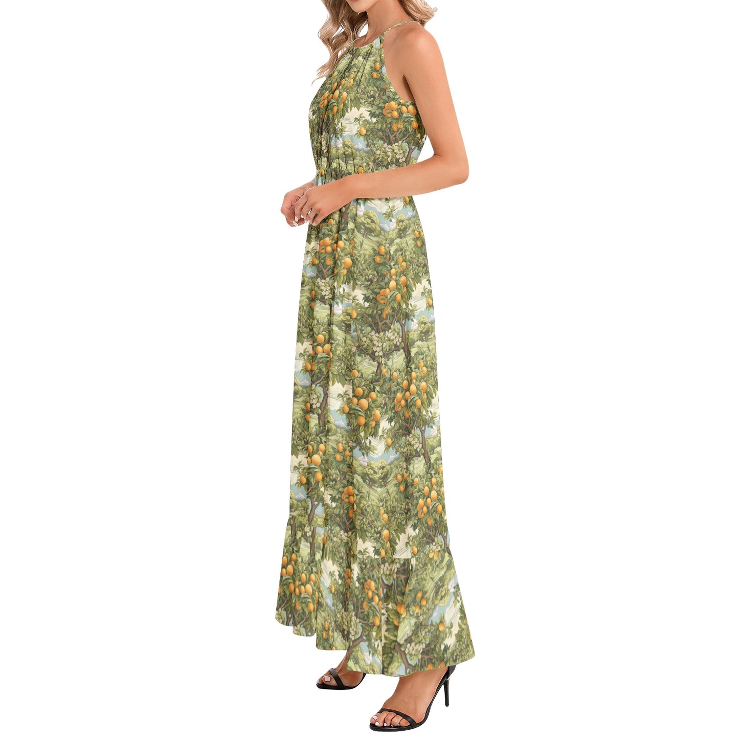 Citrus Adventure Ruffle Hem Halter Neck Maxi Dress