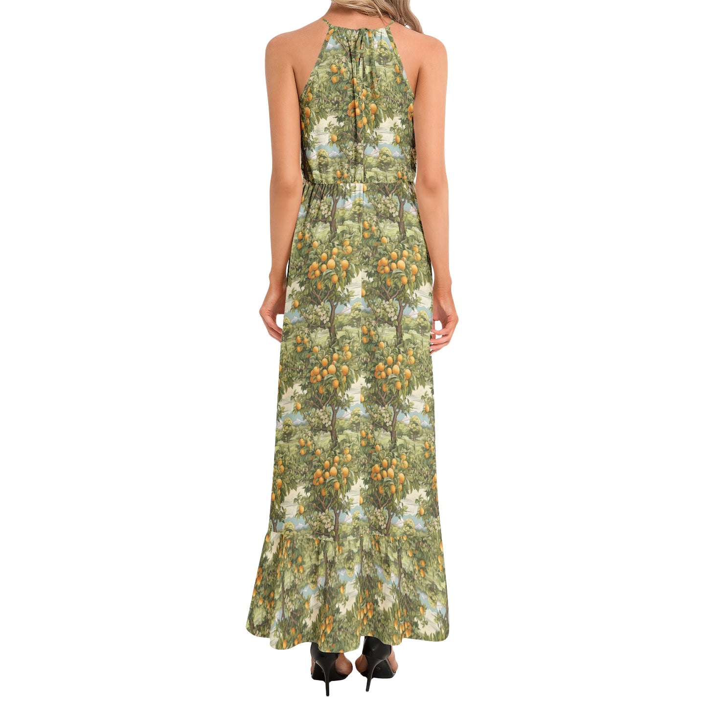 Citrus Adventure Ruffle Hem Halter Neck Maxi Dress